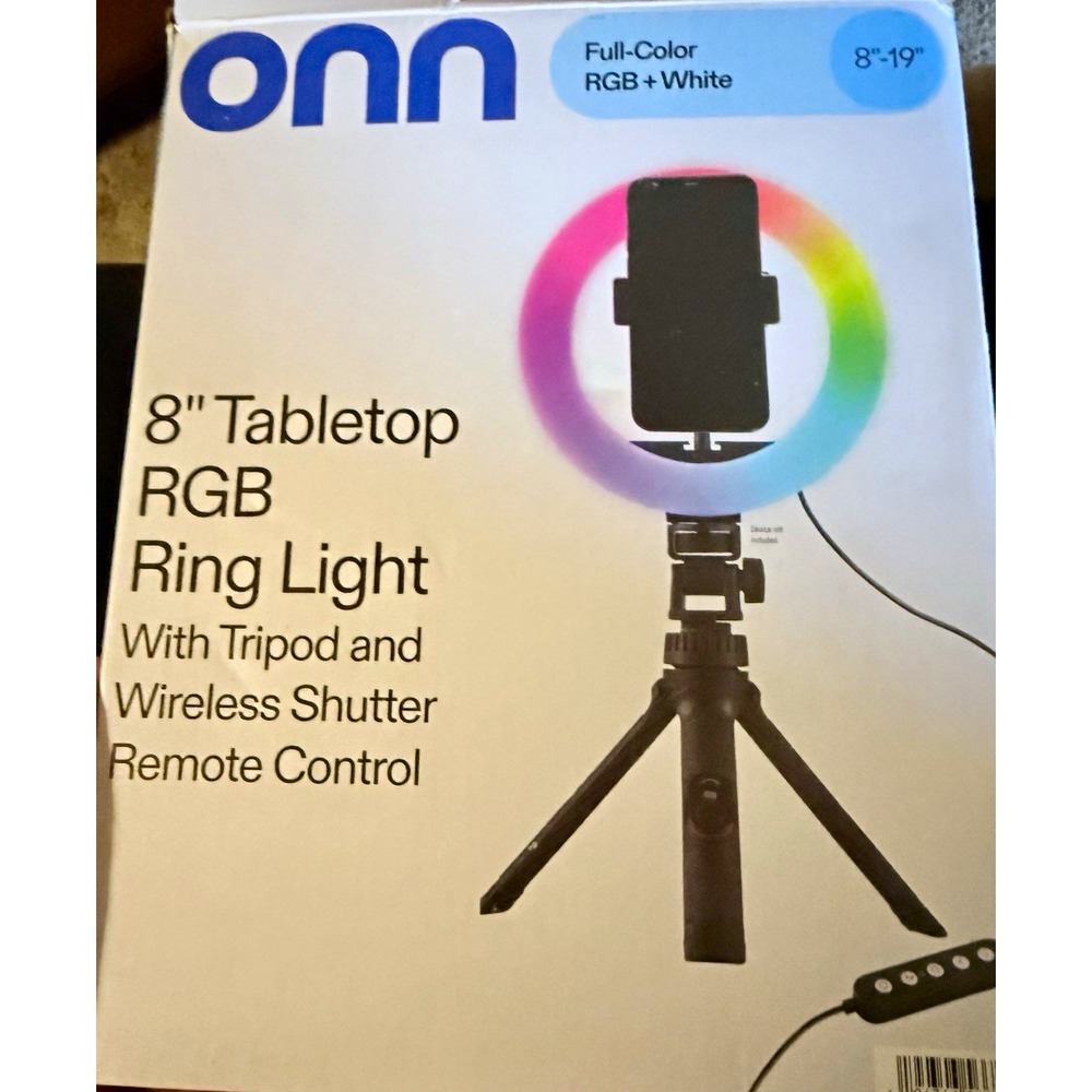 onn. 8in RGB/White LED Tabletop Ring Light w/ Tripod, Phone Holder & Remote